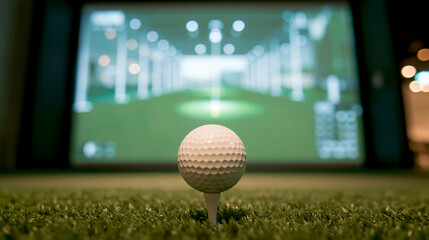 Fototapeta premium Golf ball tee closeup indoor golf practice modern driving range technology focus golf sport detail training