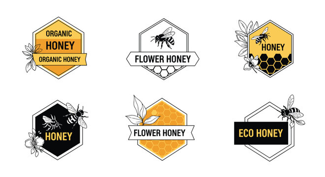 Set of professional honey labels and logo designs for organic and eco products featuring bees and golden honeycombs.