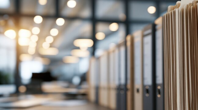 Row of document folders and ring binders in modern office interior
