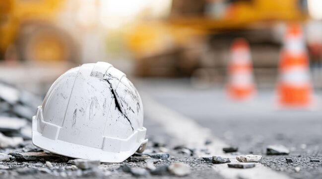 Damaged white hard hat with crack lying on construction site ground with debris