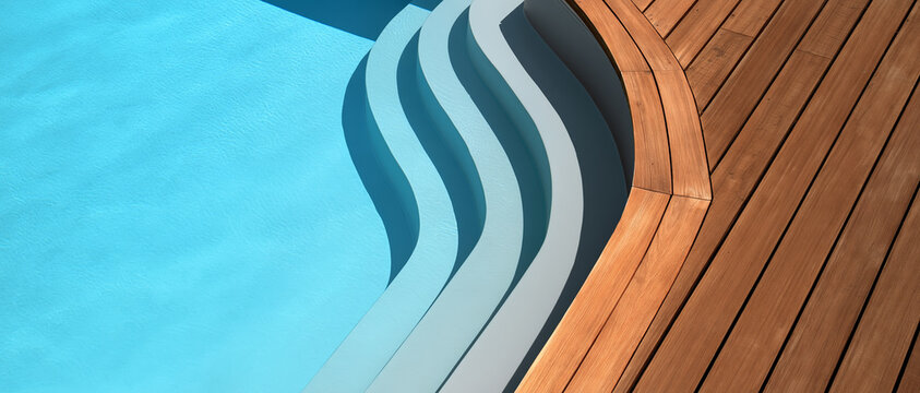 Swimming pool step blue water wooden deck summer sunlight outdoor relaxation minimal design clean line modern architecture poolside calm swimming