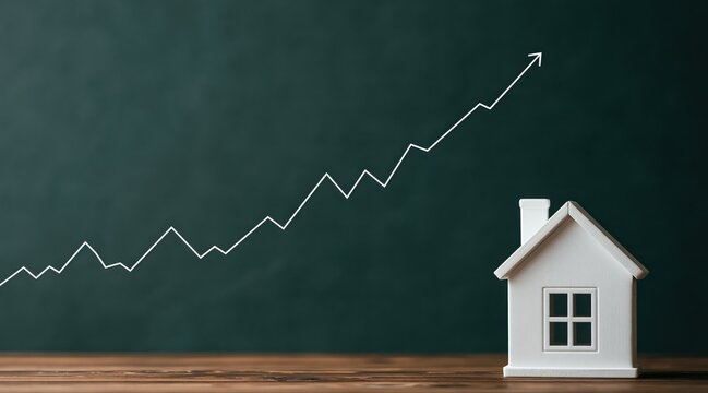 White house model on wooden table with upward line graph on green background