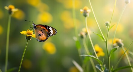 Obraz premium Butterfly on a yellow flower in a lush green garden