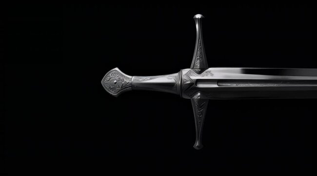 Antique Medieval Sword Hilt and Guard Detail on Black Background