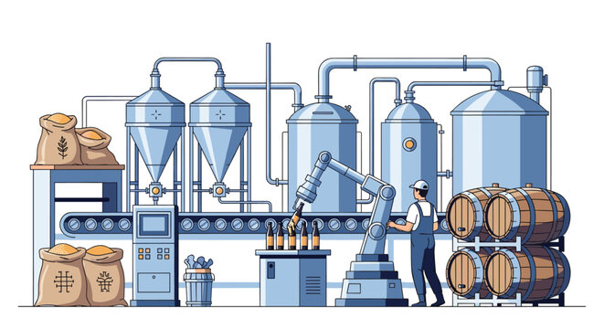 Modern automated brewery and factory interior featuring industrial equipment, conveyor belts, storage tanks, and a robotic packing arm.