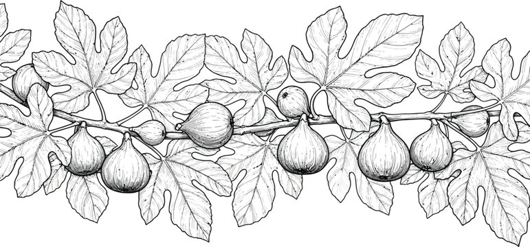 Fig branch with leaves and fruit, black and white