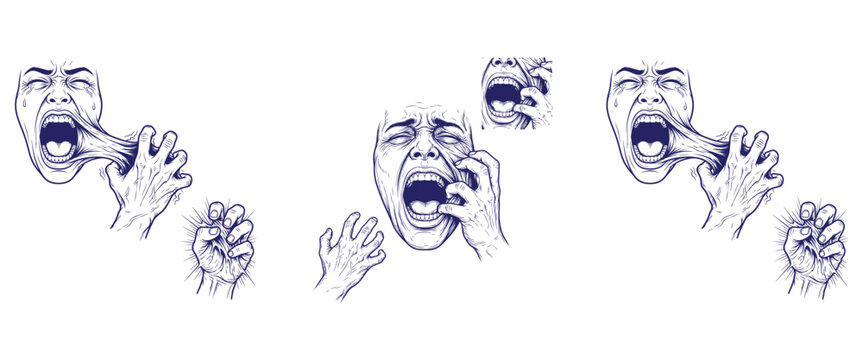 Distorted screaming faces with stretched skin and clenched fists showing intense emotional anguish.