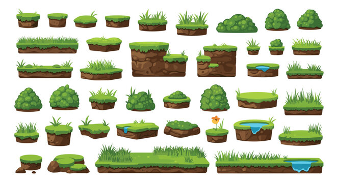 Comprehensive collection of pixel art landscape elements including grass patches, soil layers, bushes, and small water ponds for game design.