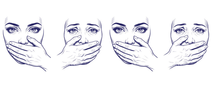 Close up of worried eyes and distressed faces with hands covering mouths silencing expression.
