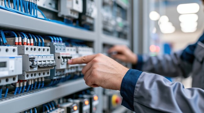 Electrician hand switching circuit breaker on electrical control panel