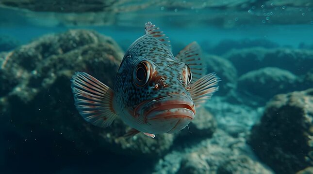 A captivating close-up portrait of a colorful rockfish navigating its vibrant coral and rocky ocean sanctuary