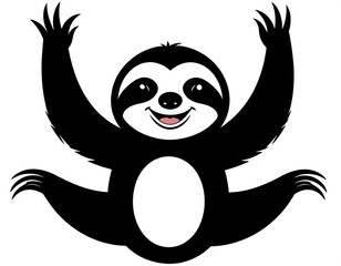 Fototapeta premium A cartoon sloth with a wide grin and outstretched arms, its body black and a white belly. A cheerful pose is shown