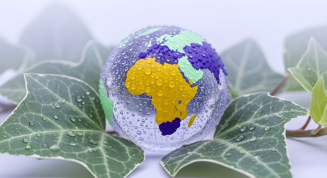 A crystal globe filled with water droplets, showcasing Africa and Europe, nestled amongst verdant green leaves, symbolizing environmental conservation and global growth