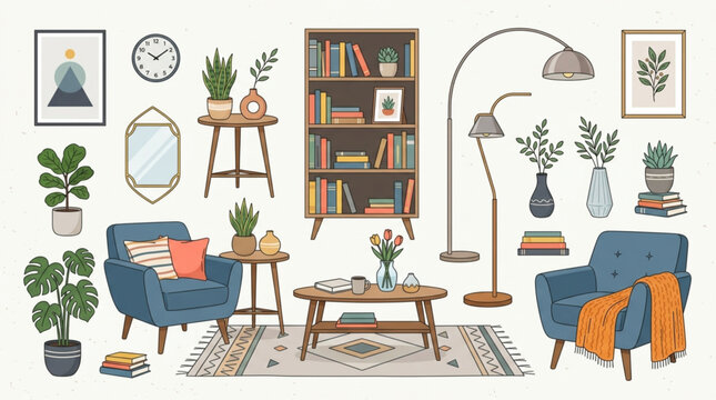 Cozy Living Room Furniture and Decor Elements Collection.