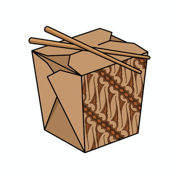 Flat vector illustration of a brown Asian food takeout box decorated with traditional Indonesian batik parang pattern and wooden chopsticks. Perfect for culinary branding, food delivery apps