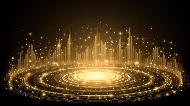 Glowing golden sound spectrum rises above a circular light emission on a dark background.