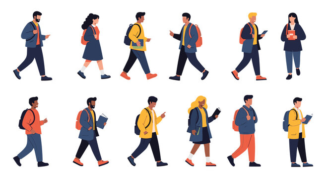 Diverse group of young students walking with backpacks and books on their way to school, college, or university.
