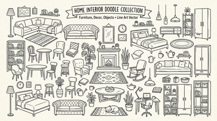 Naklejka premium Hand Drawn Doodle Collection of Furniture and Home Decor Items.