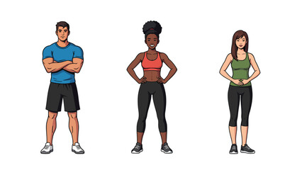 Obraz premium Diverse Group of Fitness People in Sportswear Illustration. Healthy Lifestyle, Workout, and Wellness Concept.