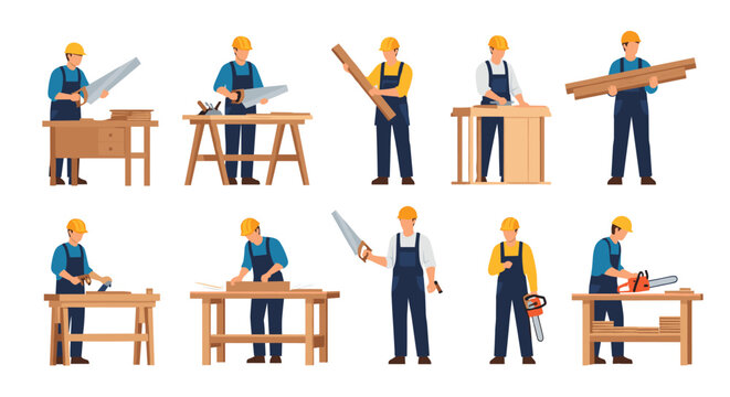 Set of professional carpenters in safety gear performing various woodworking tasks like sawing, planing, and carrying lumber.