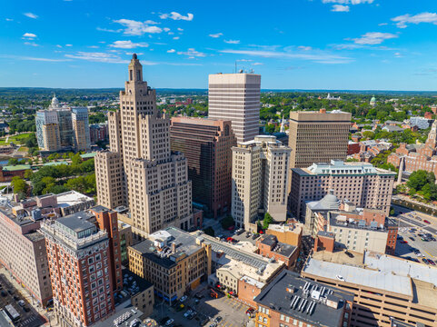 Providence modern city aerial view, including Industrial National Bank Building, One Financial Plaza, Residences Providence in downtown Providence, Rhode Island RI, USA.