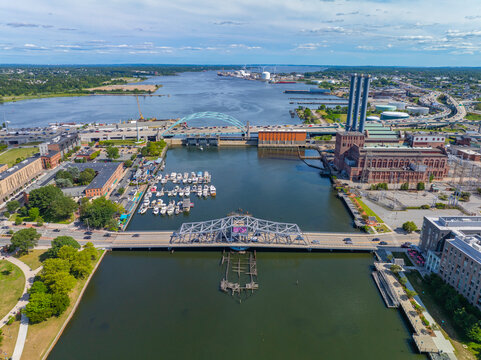 Providence River aerial view including Provicence River Bridge, with Narragansett Bay at the background, downtown Providence, Rhode Island RI, USA.