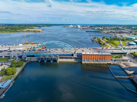 Providence River aerial view including Provicence River Bridge, with Narragansett Bay at the background, downtown Providence, Rhode Island RI, USA.