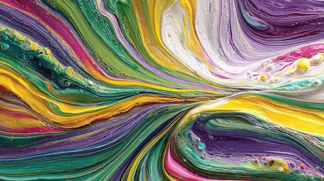 Vibrant stream of multicolored viscous liquid flows across a textured surface
