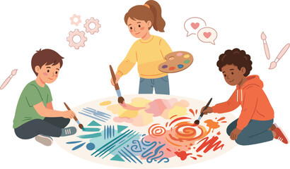 Diverse Group of Happy Children Painting Together on Large Circular Floor Mural for Creative Art Education, Kindergarten Activity, and School Classroom Project Vector © MD