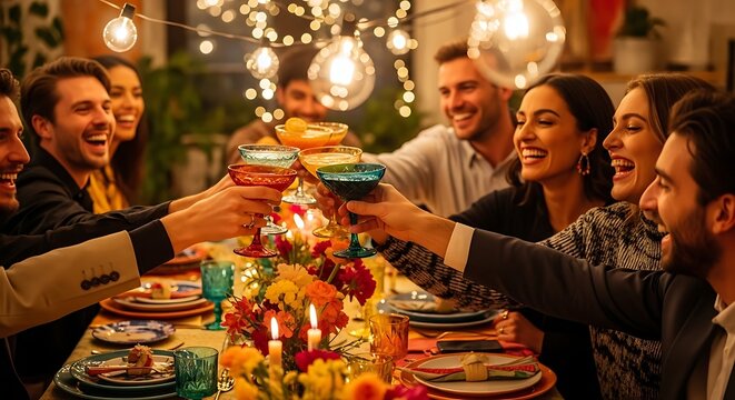 Joyful Group Toasting Drinks at Dinner Party