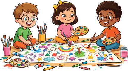 Diverse Group of Happy Children Painting Together on Large Paper Floor Mural for Creative Art Education, Kindergarten Activity, and School Classroom Project Vector © MD