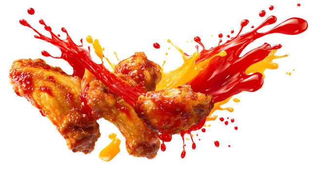 Delicious chicken wings flying with vibrant red and yellow sauce splashes, appetizing food.