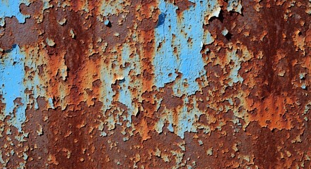 Fototapeta premium Close-up of weathered blue paint peeling off a rusty metal surface.