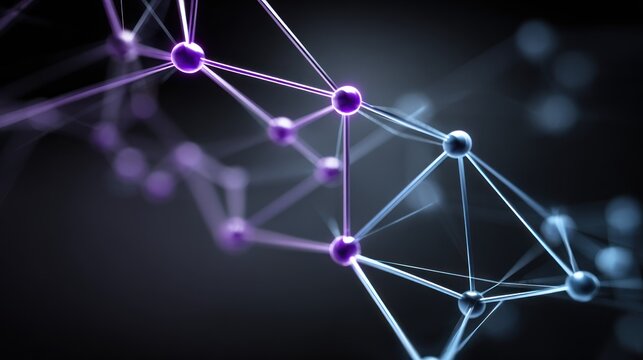 Illuminated digital structure features interconnected nodes and lines in a dark environment