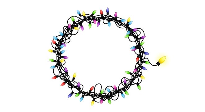 Christmas string lights wreath isolated on white background