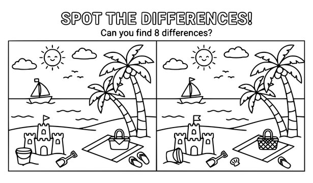 Spot the Differences Beach Scene Puzzle for Kids Coloring Book Black White Vector Illustration