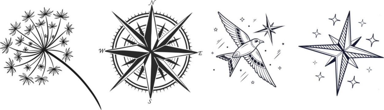 Line art illustrations of botanical bloom compass rose bird and nautical star