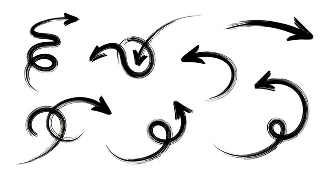 Hand-drawn brush stroke arrows set, pointing direction, graphic elements