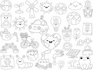 Naklejka premium Cute illustrations celebrating Earth Day with flowers, sun, recycling, and nature themes