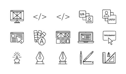 Fototapeta premium Web designer line icons vector editable stroke UX UI illustration set