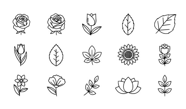 Floral flower icons vector line set botanical editable stroke illustration