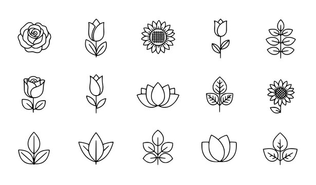 Flower line icons vector floral editable stroke botanical illustration set