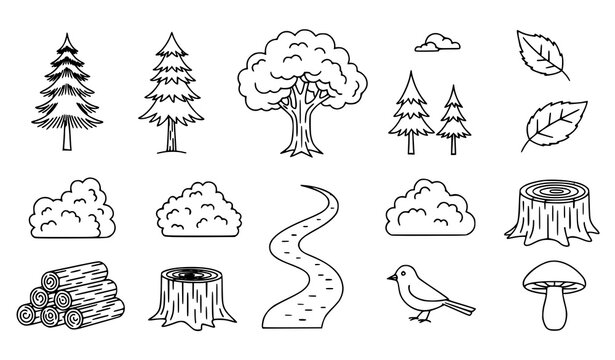 Forest trees icons vector thin line editable stroke illustration set