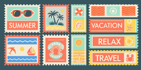 Collection of vintage travel postage stamps with summer and vacation themed illustrations high quality professional © Ella