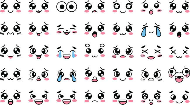 Cute cartoon eye expression set with funny emotions tears glasses tongue and playful faces vector illustration collection for kids design