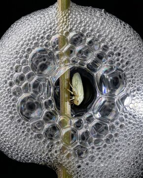 Microscopic view of spittlebug nymph within complex bubble structure