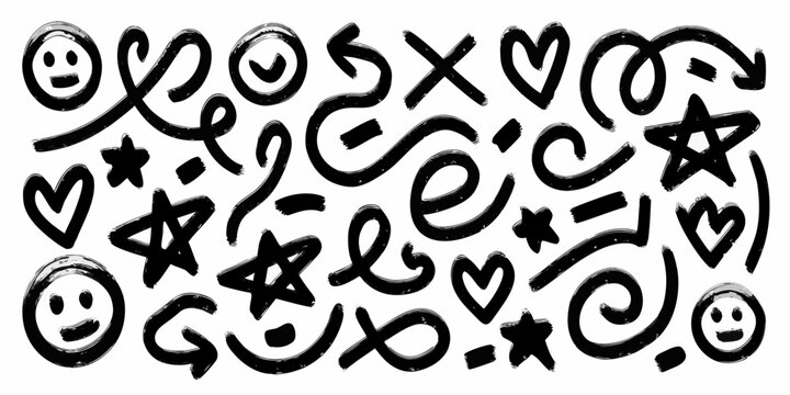 chaotic collection of hand drawn black and white doodle shapes and symbols on white background