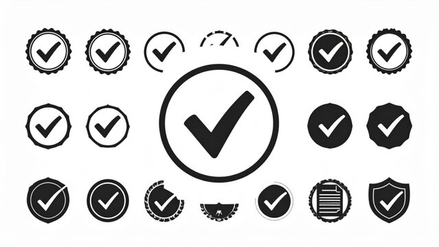 Checkmark, approval icon set. Vector glyph pictograms of validation, certification, confirmation concept, checklists, documents, awards, and security verification black silhouette illustration