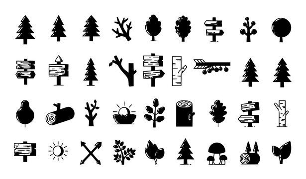 Forest symbols icons vector thin line editable stroke trees wood set