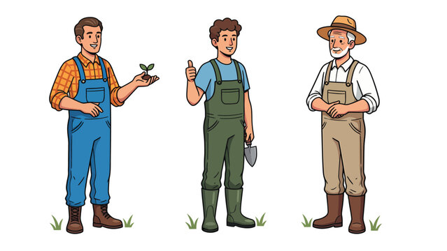 Three male farmers or gardeners in overalls, one holding a seedling, another with a trowel, and an older man in a straw hat.